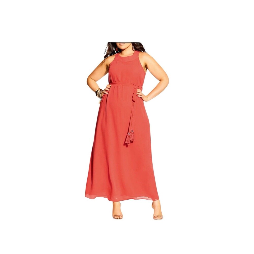 City Chic Halter Bliss Maxi Dress Size 16 Muted Burnt Orange Chiffon NWT.